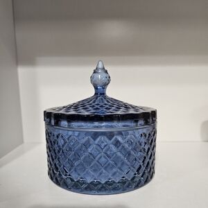 Blue Diamond-Pattern Glass Trinket Jar with Lid